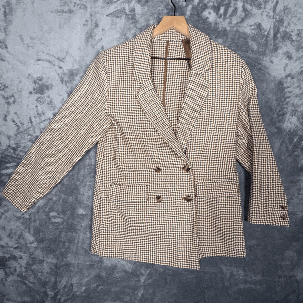 Old Navy Womens‎ Blazer Jacket M Brown Plaid Houndstooth Double Breasted